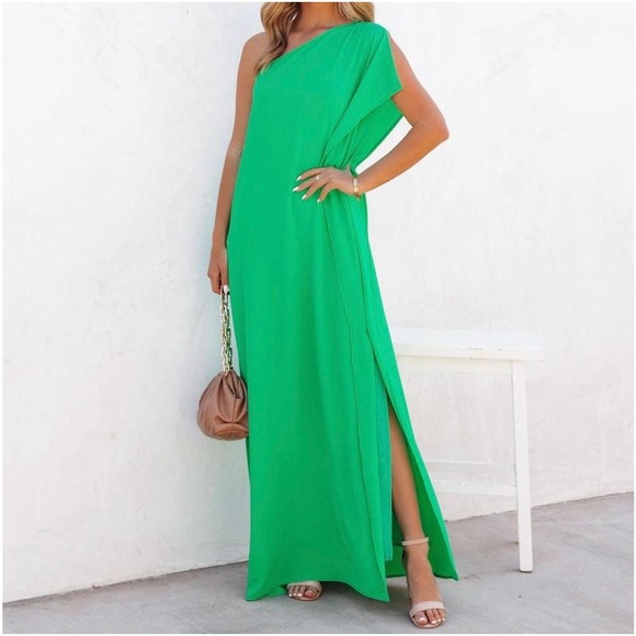 Vici Dresses & Skirts - Vici Green One Shoulder Kaftan Dress Size Small